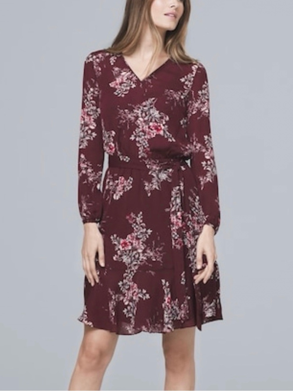 WHBM Floral Chiffon Dress V-neck Blouson Sleeves Size 14 Tie Waist